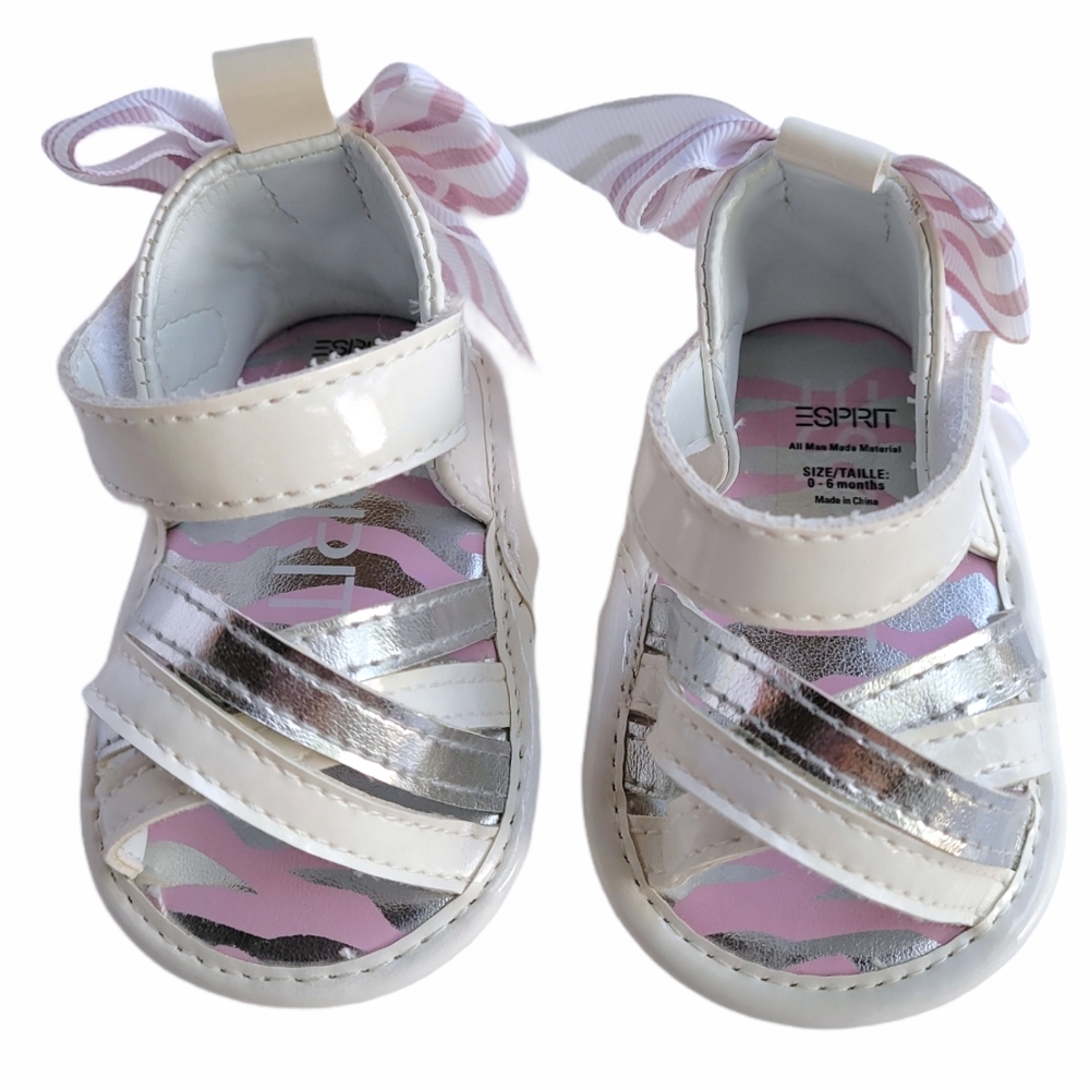 Esprit Sandals White Metallic Silver w/ Bow, 0-6M